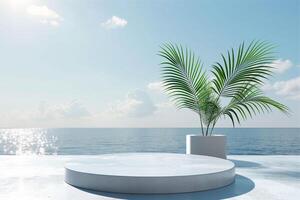 Empty podium for product presentation with palm leaf photo
