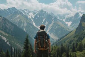 a person happy to have succeeded in climbing a mountain photo