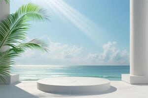 Empty podium for product presentation with palm leaf photo