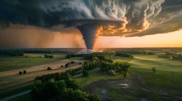 Aerial view of a tornado tearing through a landscape, with fields, trees, and buildings being caught in its destructive path photo