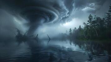 Tornado over a calm lake, reflecting its menacing form in the water, surrounded by dark clouds and heavy rain photo