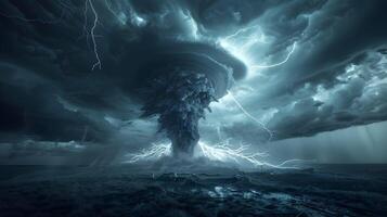 Powerful tornado funnel cloud in a wide-open plain, illuminated by flashes of lightning, with heavy rain and dark clouds adding to the dramatic scene photo