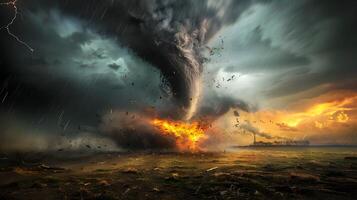 Tornado funnel cloud touching down in an open field with dark stormy skies, debris flying in the air, and a lightning strike illuminating the scene photo