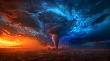 Powerful tornado funnel cloud in a wide-open plain, illuminated by flashes of lightning, with heavy rain and dark clouds adding to the dramatic scene photo