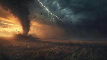 Tornado funnel cloud touching down in an open field with dark stormy skies, debris flying in the air, and a lightning strike illuminating the scene photo