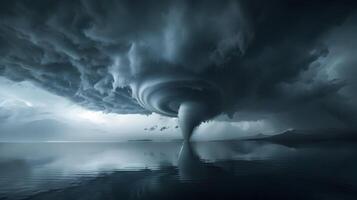 Tornado over a calm lake, reflecting its menacing form in the water, surrounded by dark clouds and heavy rain photo