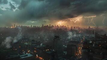 A city skyline at dusk with a massive thunderstorm approaching, lightning illuminating the buildings and rain beginning to fall on the streets below photo