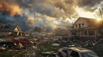 Aftermath of a tornado in a residential area, with destroyed homes, overturned cars, and scattered debris under a cloudy sky photo