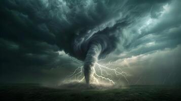 Powerful tornado funnel cloud in a wide-open plain, illuminated by flashes of lightning, with heavy rain and dark clouds adding to the dramatic scene photo