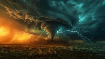 Powerful tornado funnel cloud in a wide-open plain, illuminated by flashes of lightning, with heavy rain and dark clouds adding to the dramatic scene photo