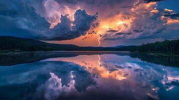 A serene lake reflecting the dark storm clouds and vivid lightning strikes overhead, creating a mirror-like effect on the water's surface, enhancing the dramatic atmosphere photo