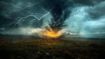 Tornado funnel cloud touching down in an open field with dark stormy skies, debris flying in the air, and a lightning strike illuminating the scene photo