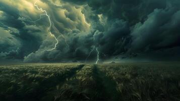 A dramatic thunderstorm over an open field with dark, swirling clouds and vivid lightning bolts striking in the distance, casting eerie shadows on the ground photo