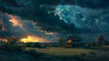 A rural farmhouse under the onslaught of a thunderstorm, with dark clouds overhead and lightning illuminating the scene, creating a stark contrast between the storm and the serene countryside photo
