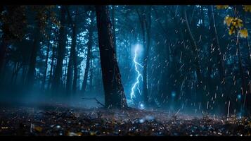 A close-up of a lightning strike hitting the ground in a forest, with trees swaying violently and the ground illuminated by the bright flash, showcasing the power of nature photo