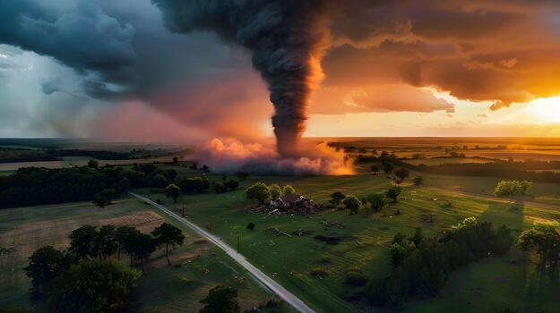 Aerial view of a tornado tearing through a landscape, with fields, trees, and buildings being caught in its destructive path photo