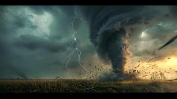 Tornado funnel cloud touching down in an open field with dark stormy skies, debris flying in the air, and a lightning strike illuminating the scene photo