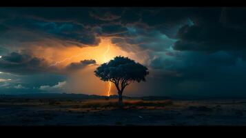 A lone tree in a vast, empty landscape silhouetted against a backdrop of dark storm clouds and multiple lightning strikes illuminating the scene photo