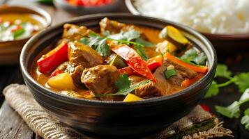 A bowl of vibrant, spicy curry with chunks of tender meat and colorful vegetables, garnished with fresh herbs and served with a side of fluffy white rice, against a warm, inviting background photo