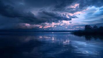 A serene lake reflecting the dark storm clouds and vivid lightning strikes overhead, creating a mirror-like effect on the water's surface, enhancing the dramatic atmosphere photo