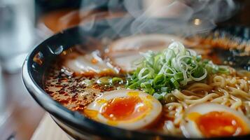 A close-up of a steaming bowl of spicy ramen noodle soup, with visible slices of tender pork, boiled egg halves, and fresh green onions, all surrounded by a rich, red broth photo