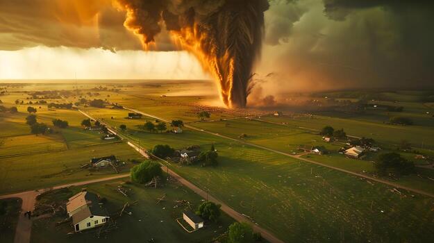 Aerial view of a tornado tearing through a landscape, with fields, trees, and buildings being caught in its destructive path photo