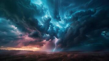 A dramatic thunderstorm over an open field with dark, swirling clouds and vivid lightning bolts striking in the distance, casting eerie shadows on the ground photo