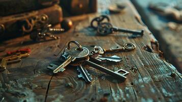 A weathered keychain with multiple keys, lying on a rustic wooden table with various trinkets and a background of dim ambient light photo