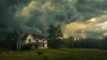 A rural farmhouse under the onslaught of a thunderstorm, with dark clouds overhead and lightning illuminating the scene, creating a stark contrast between the storm and the serene countryside photo