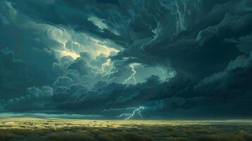 A dramatic thunderstorm over an open field with dark, swirling clouds and vivid lightning bolts striking in the distance, casting eerie shadows on the ground photo