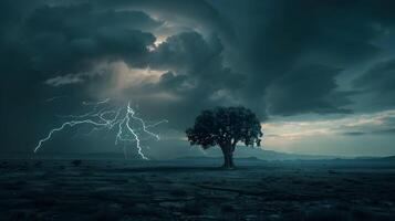 A lone tree in a vast, empty landscape silhouetted against a backdrop of dark storm clouds and multiple lightning strikes illuminating the scene photo