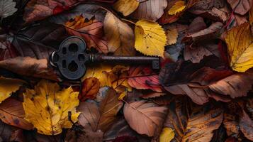 A mysterious old key lying in a bed of autumn leaves, the colors and textures of the leaves contrasting with the dark metal of the key photo