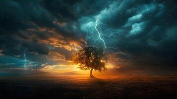 A lone tree in a vast, empty landscape silhouetted against a backdrop of dark storm clouds and multiple lightning strikes illuminating the scene photo