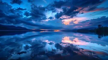 A serene lake reflecting the dark storm clouds and vivid lightning strikes overhead, creating a mirror-like effect on the water's surface, enhancing the dramatic atmosphere photo