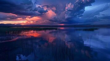 A serene lake reflecting the dark storm clouds and vivid lightning strikes overhead, creating a mirror-like effect on the water's surface, enhancing the dramatic atmosphere photo