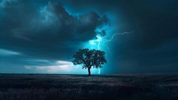 A lone tree in a vast, empty landscape silhouetted against a backdrop of dark storm clouds and multiple lightning strikes illuminating the scene photo