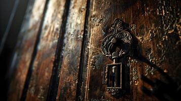 An ancient wooden door partially open, revealing a dark interior, with an ornate vintage key hanging from the keyhole, shadows adding depth to the scene photo