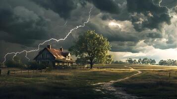 A rural farmhouse under the onslaught of a thunderstorm, with dark clouds overhead and lightning illuminating the scene, creating a stark contrast between the storm and the serene countryside photo