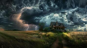 A rural farmhouse under the onslaught of a thunderstorm, with dark clouds overhead and lightning illuminating the scene, creating a stark contrast between the storm and the serene countryside photo