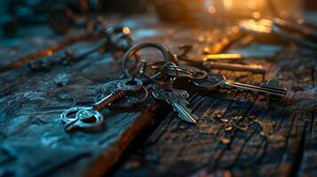 A weathered keychain with multiple keys, lying on a rustic wooden table with various trinkets and a background of dim ambient light photo