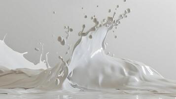 A splash of milk captured in mid-air, creating dynamic shapes against a clean white background, with the splash frozen in time photo