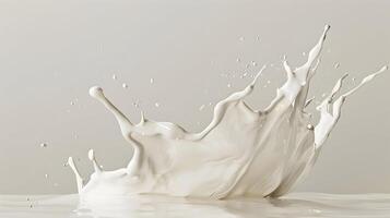 A splash of milk captured in mid-air, creating dynamic shapes against a clean white background, with the splash frozen in time photo