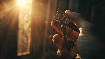 A close-up shot of a hand holding an old rusty key with intricate details, sunlight streaming through a nearby window illuminating the hand and key photo