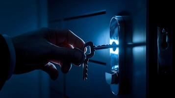 A high-contrast image of a person's hand inserting a key into a modern sleek lock, the metallic shine of the key and lock reflecting light photo
