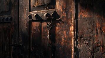 An ancient wooden door partially open, revealing a dark interior, with an ornate vintage key hanging from the keyhole, shadows adding depth to the scene photo