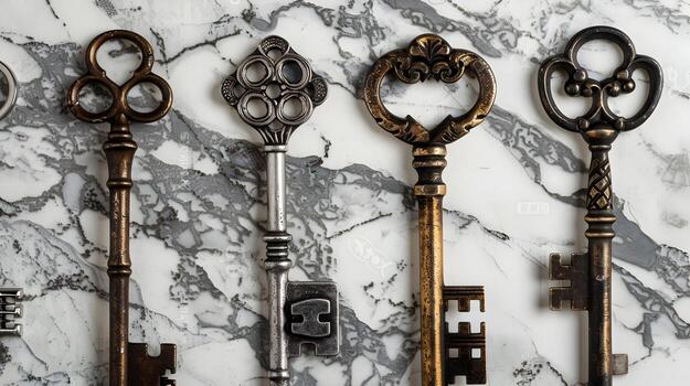 A high-detail image of a set of keys on a marble countertop, each key with unique designs and textures, shadows creating a dramatic effect photo