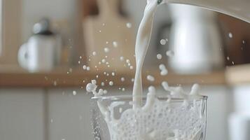 A close-up shot of a milk jug being poured into a clear glass, with the milk forming elegant ripples and bubbles, set against a minimalist white kitchen background photo