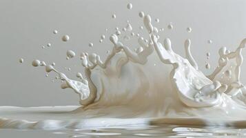 A splash of milk captured in mid-air, creating dynamic shapes against a clean white background, with the splash frozen in time photo