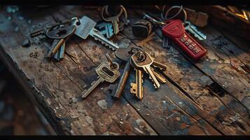 A weathered keychain with multiple keys, lying on a rustic wooden table with various trinkets and a background of dim ambient light photo