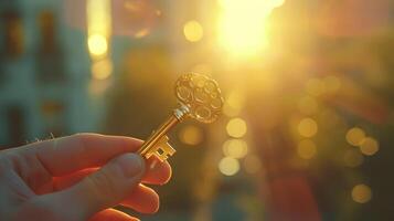 A close-up of a hand holding a golden key against a blurred urban background, the key catching the sunlight and creating a sparkling effect photo